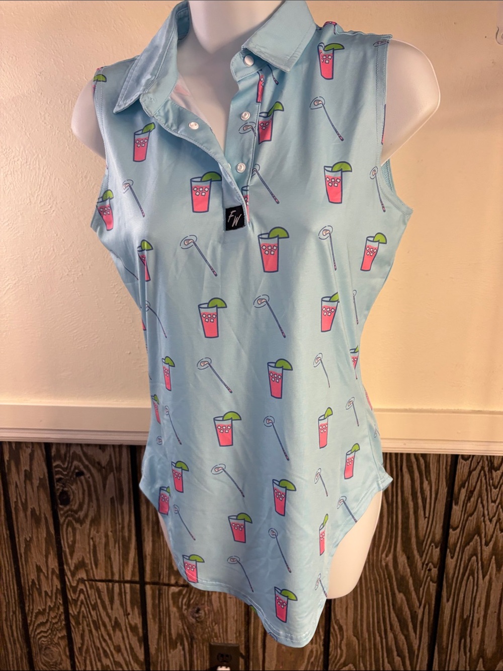 Sleeveless Collared Tank Top in Light Blue with Pink Drink Print